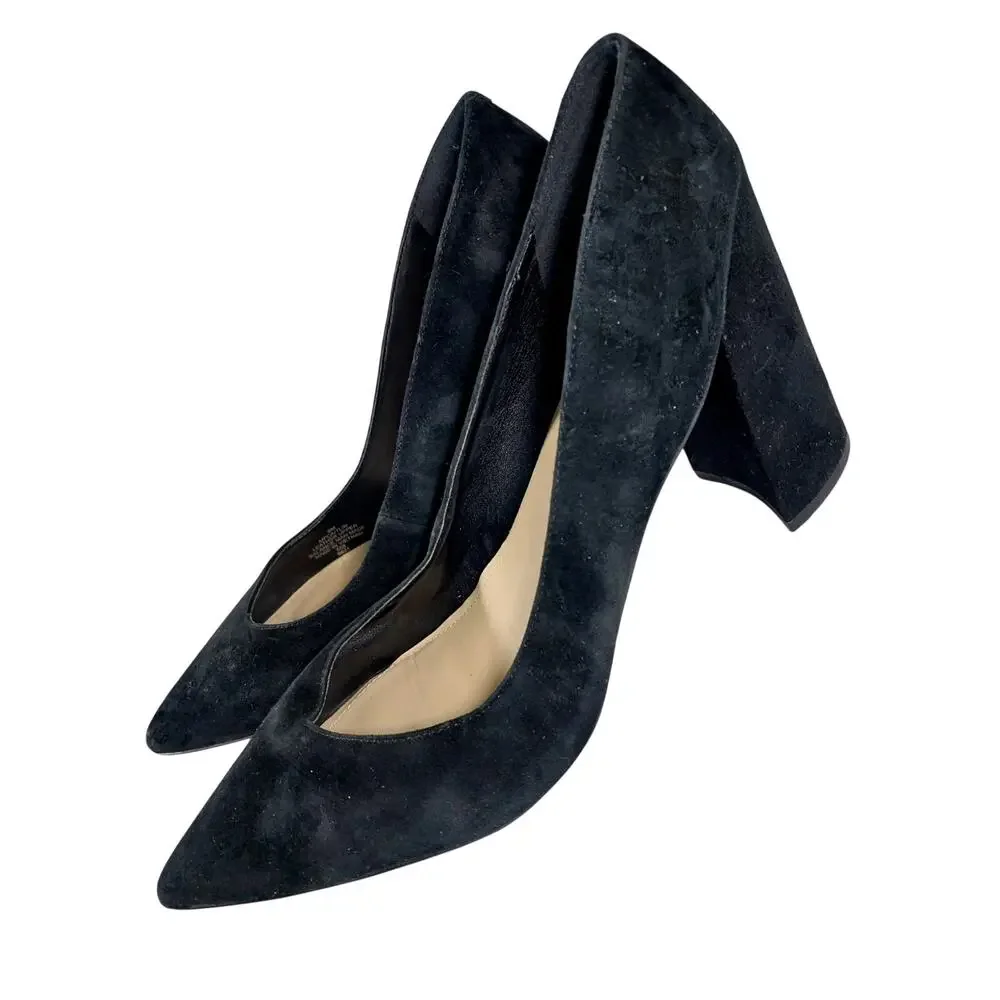 MARC FISHER! BLACK GENUINE SUEDE LEATHER CHUNKY HEEL POINTY TOE PUMPS, HEELS! 9M